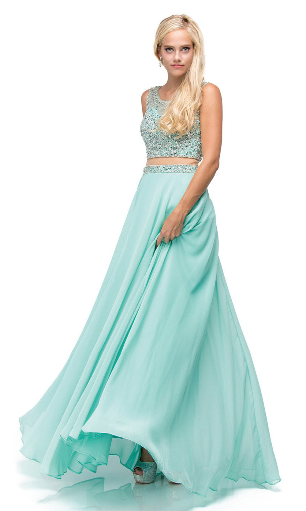 Dancing Queen - 9789 Jeweled Mock-Two-Piece A-Line Dress In Green