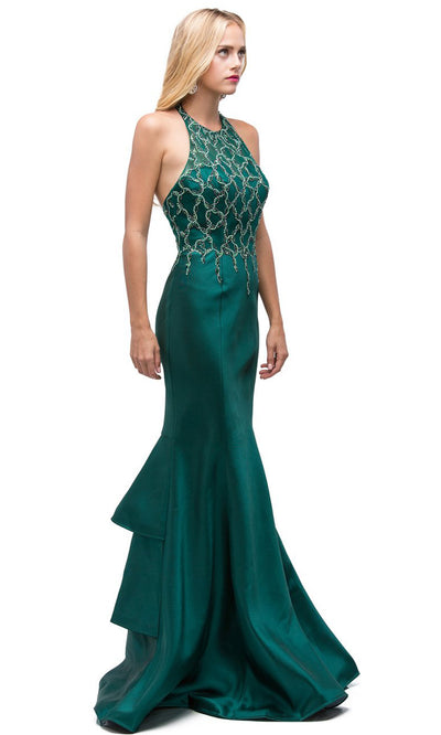 Dancing Queen - 9910 Embellished Halter Tiered Mermaid Dress In Green