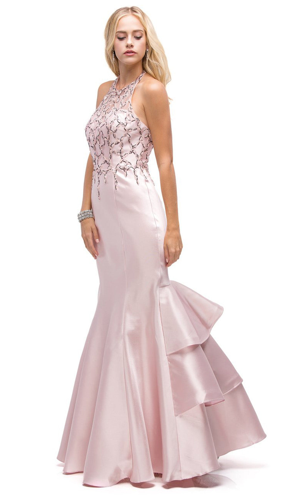 Dancing Queen - 9910 Embellished Halter Tiered Mermaid Dress In Pink