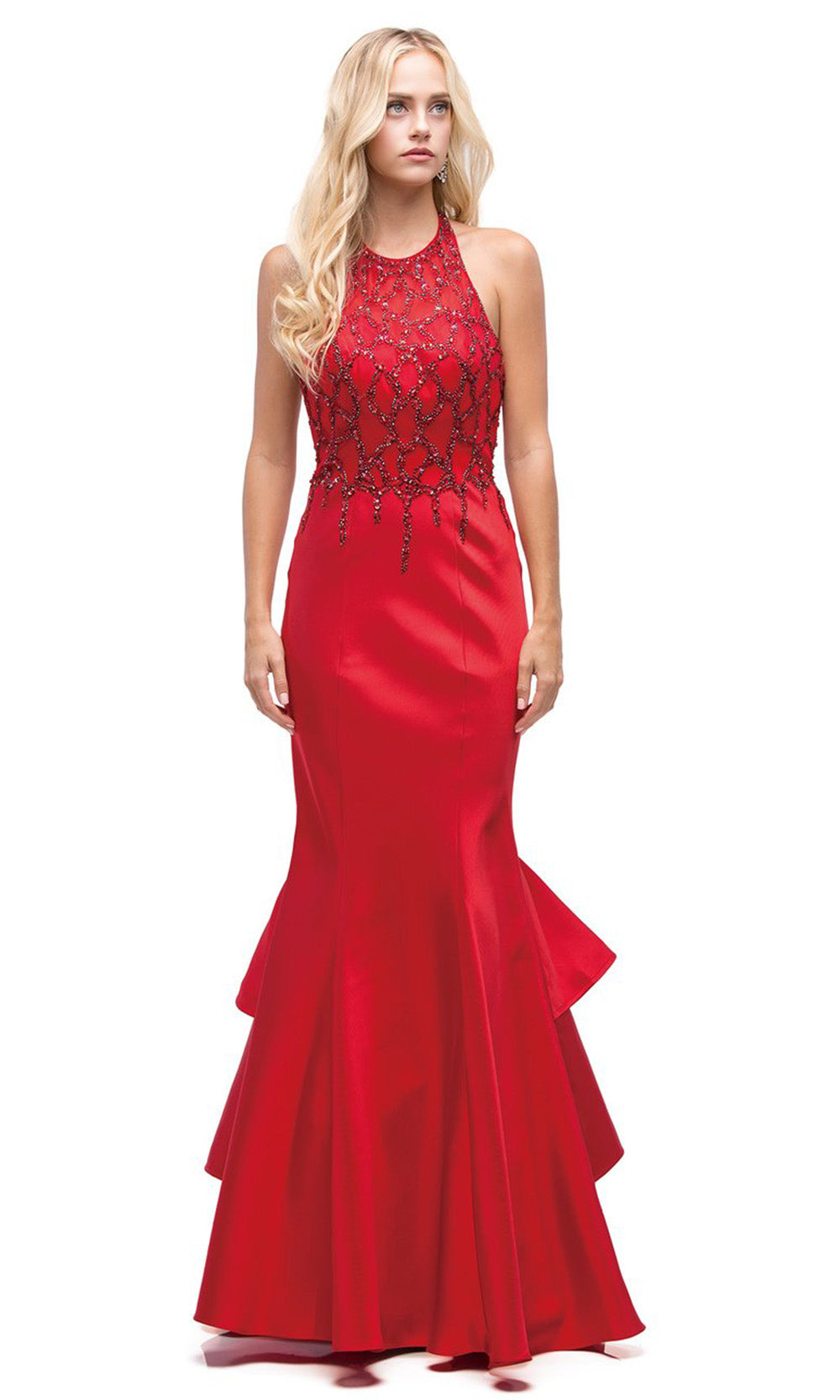 Dancing Queen - 9910 Embellished Halter Tiered Mermaid Dress In Red