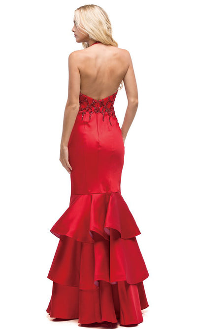 Dancing Queen - 9910 Embellished Halter Tiered Mermaid Dress In Red