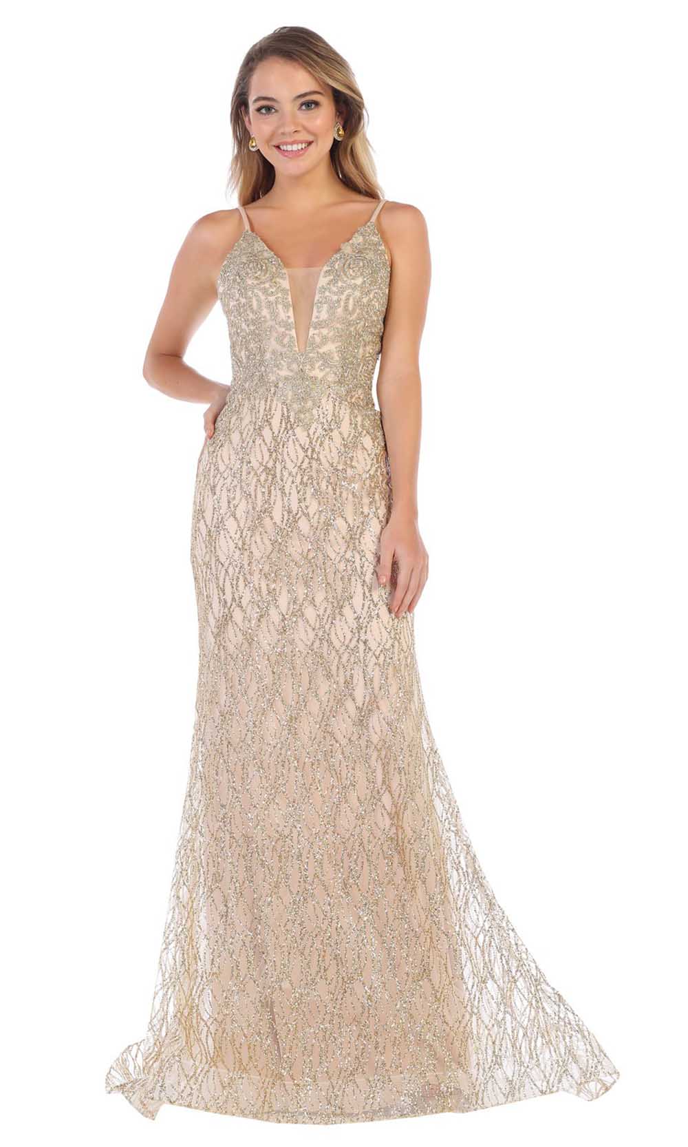 May Queen - RQ7683 Embellished Deep V-Neck Gown In Gold 