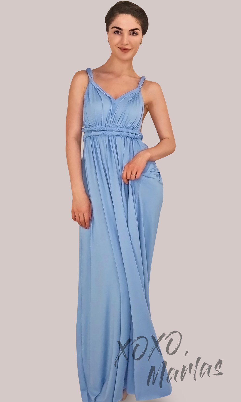 Long periwinkle blue infinity bridesmaid dress or multiway dress or convertible dress.One dress worn in multiple ways.This light blue one size dress is great for bridesmaid, prom, destination wedding, gala, cheap western party dress, semi formal