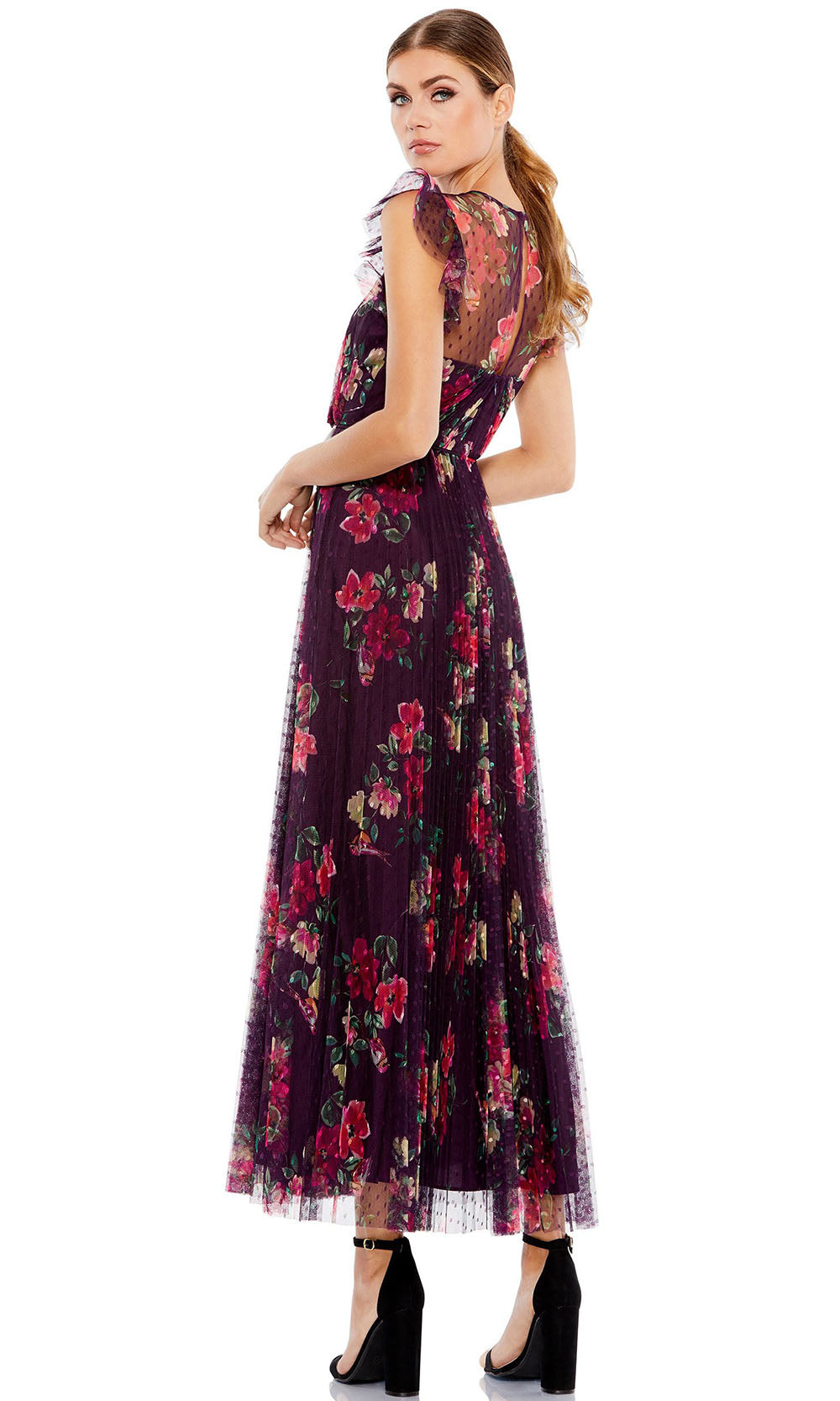 Ieena Duggal - 2143I Jewel Neck Floral Printed Dress In Purple