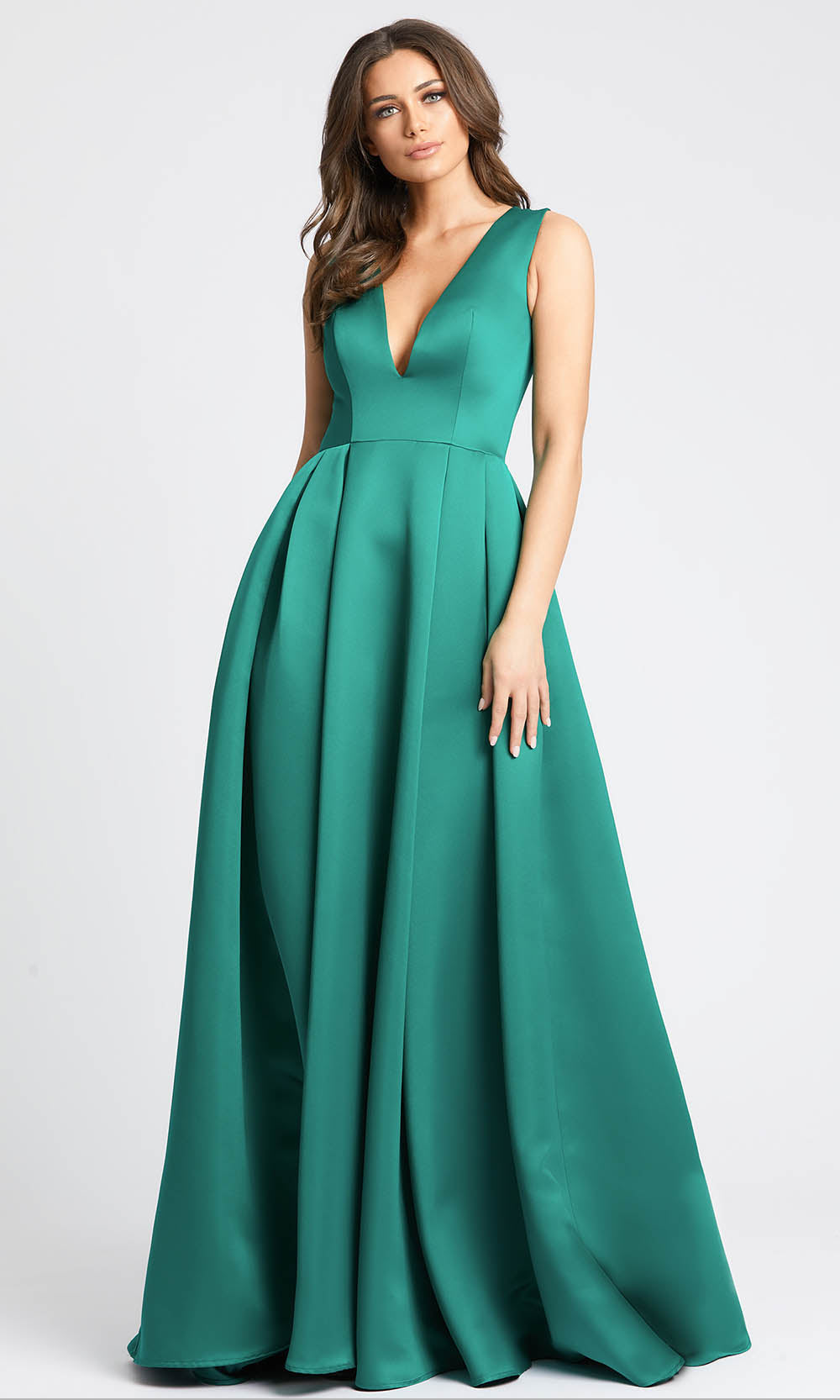 Ieena Duggal - 25953I Plunging V-Neck Pleated Skirt Evening Gown in Green Front