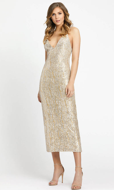 Ieena Duggal - 26447I Sleeveless V-Neck Shimmer Sequin Midi Dress In Champagne and Gold