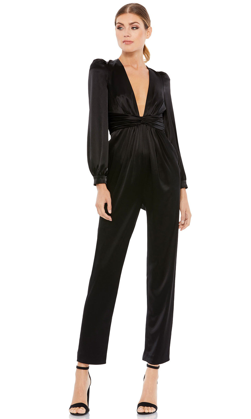 Ieena Duggal - 2647I Deep V-Neck Pleated Waist Formal Evening Jumpsuit In Black