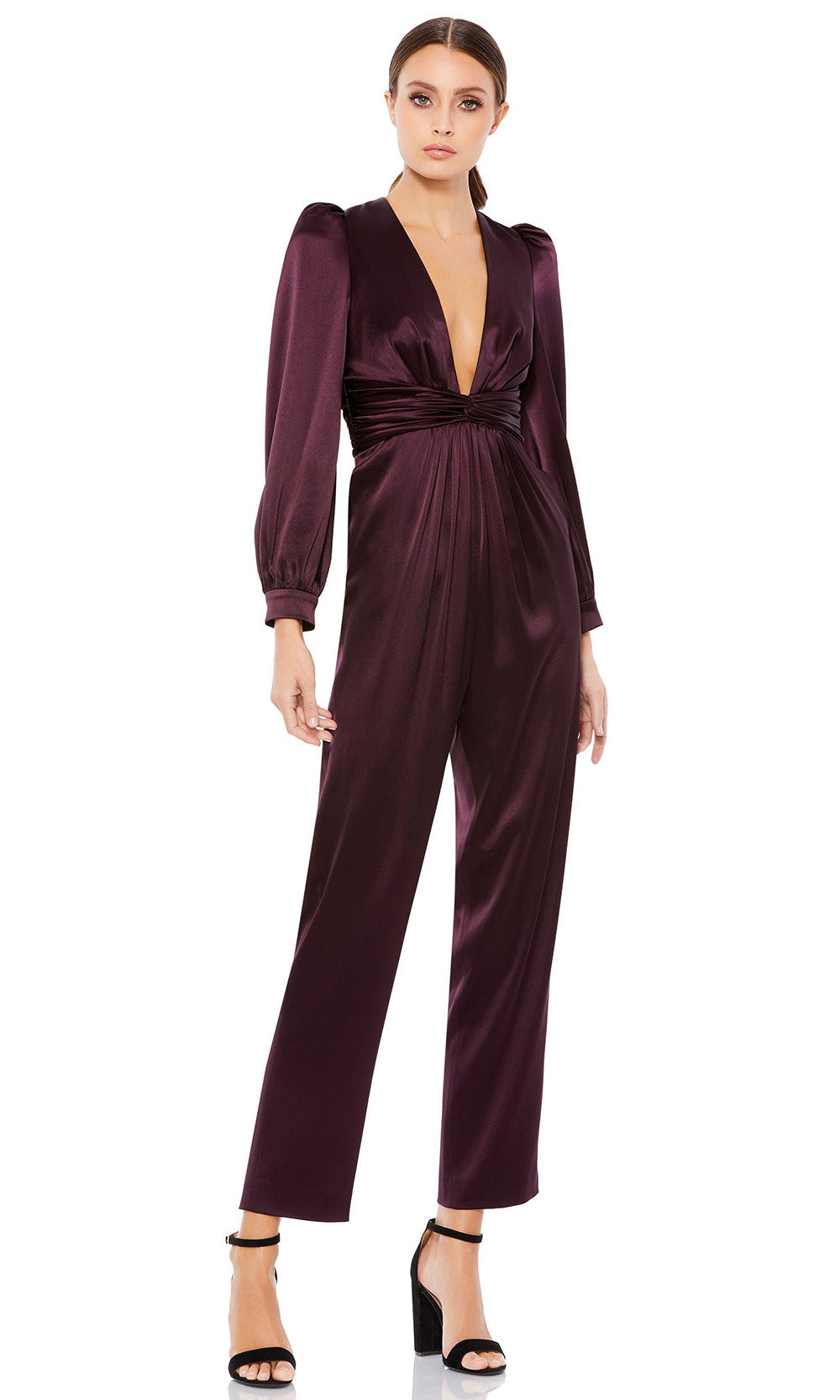 Ieena Duggal - 2647I Deep V-Neck Pleated Waist Formal Evening Jumpsuit In Purple