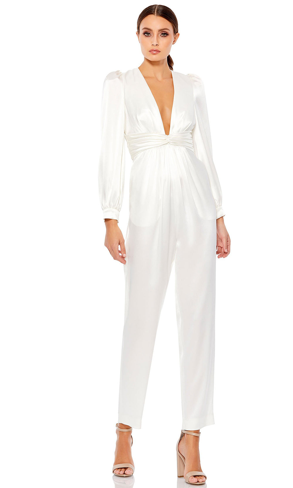 Ieena Duggal - 2647I Deep V-Neck Pleated Waist Formal Evening Jumpsuit In White