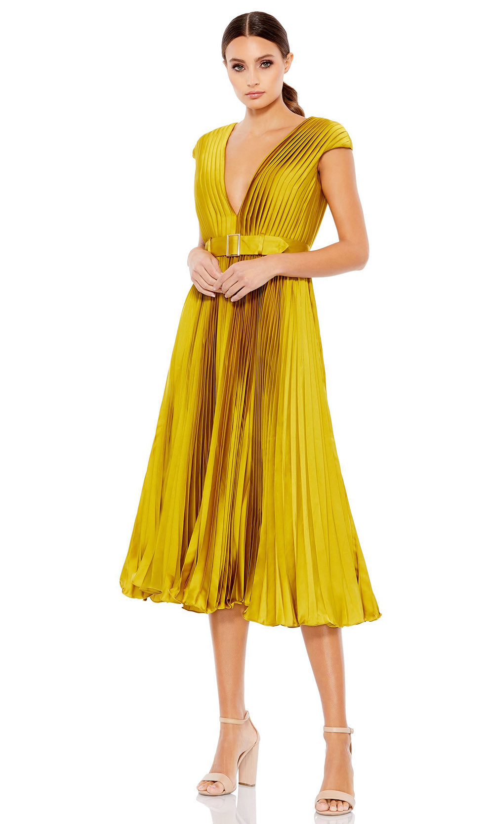 Ieena Duggal - 26483I Plunging V-Neck Cap Sleeves Pleated A-Line Dress In Yellow