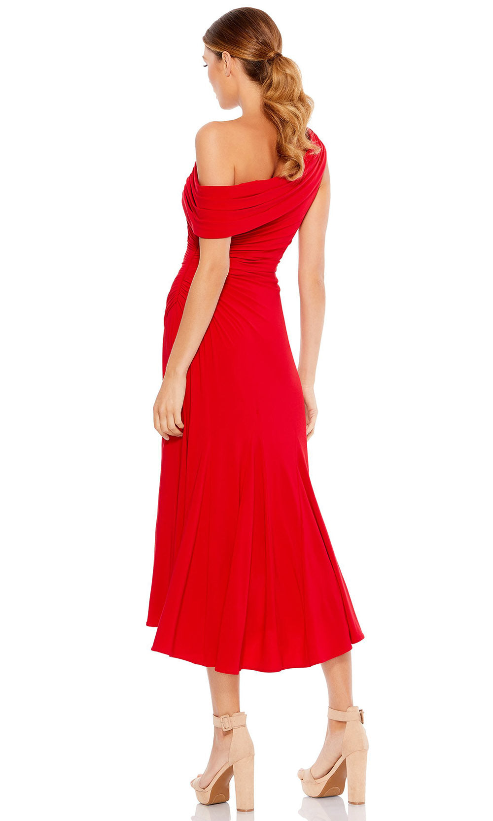 Ieena Duggal - 26484I Asymmetric Off-Shoulder A-Line Dress With Slit In Red