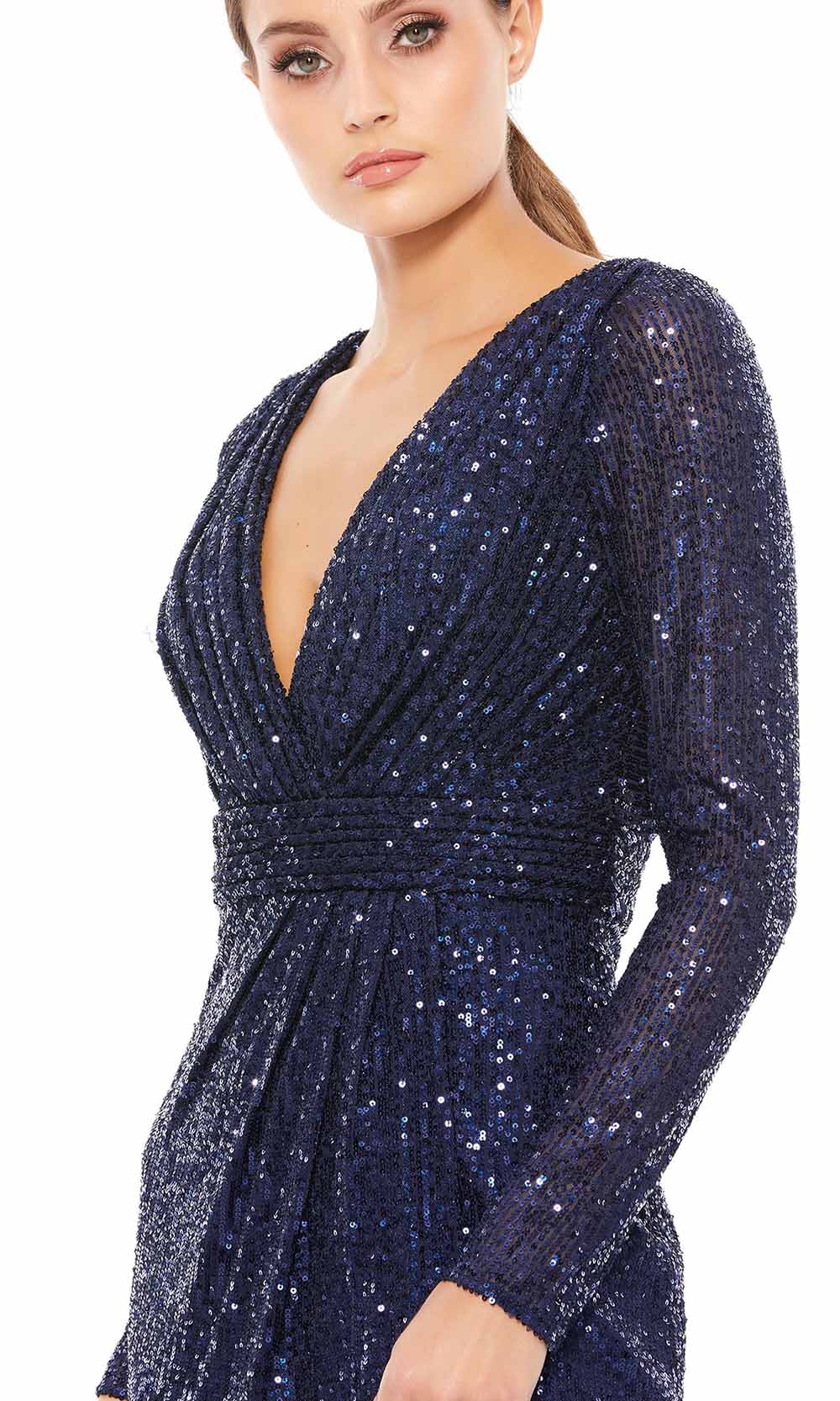 Ieena Duggal - 26490I Allover Sequin High Slit V-Neck Evening Gown In Blue