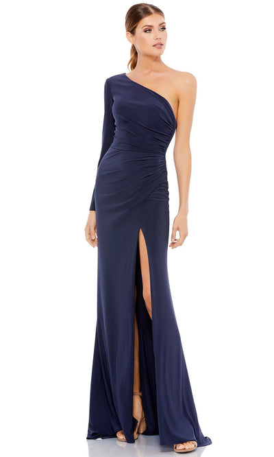 Ieena Duggal - 26505I One Shoulder Long Sleeve Ruched Sheath Gown In Blue