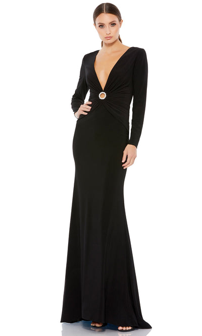Ieena Duggal - 26514I Plunging Neckline Long Sleeve Fitted Long Dress In Black