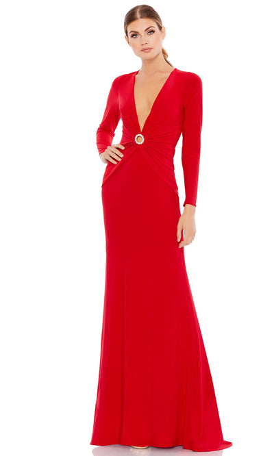 Ieena Duggal - 26514I Plunging Neckline Long Sleeve Fitted Long Dress In Red