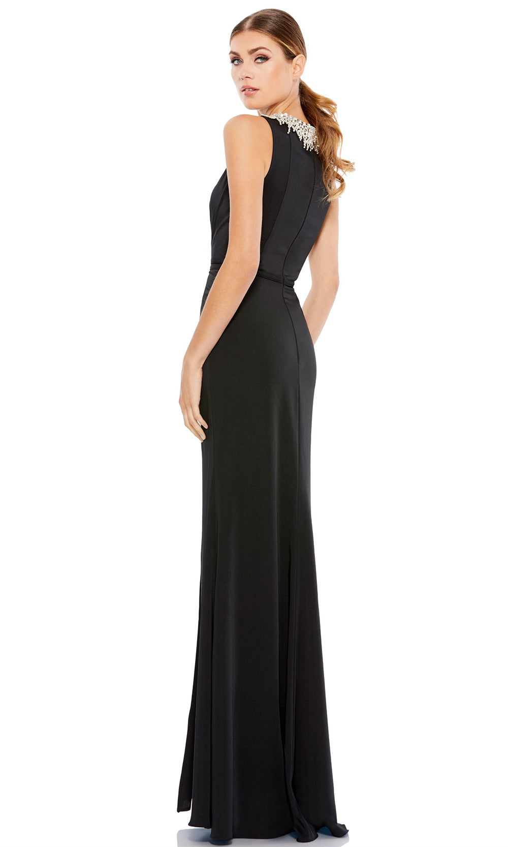 Ieena Duggal - 26516I Jeweled Neck High Slit Dress In Black