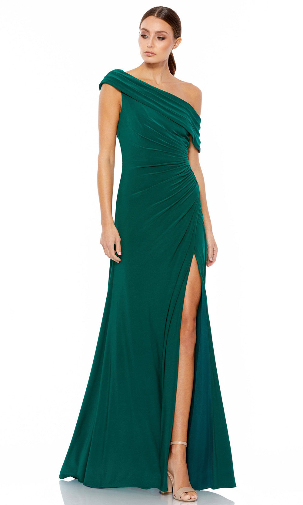 Ieena Duggal - 26517I Off Shoulder Ruched A-Line Gown With Slit In Green