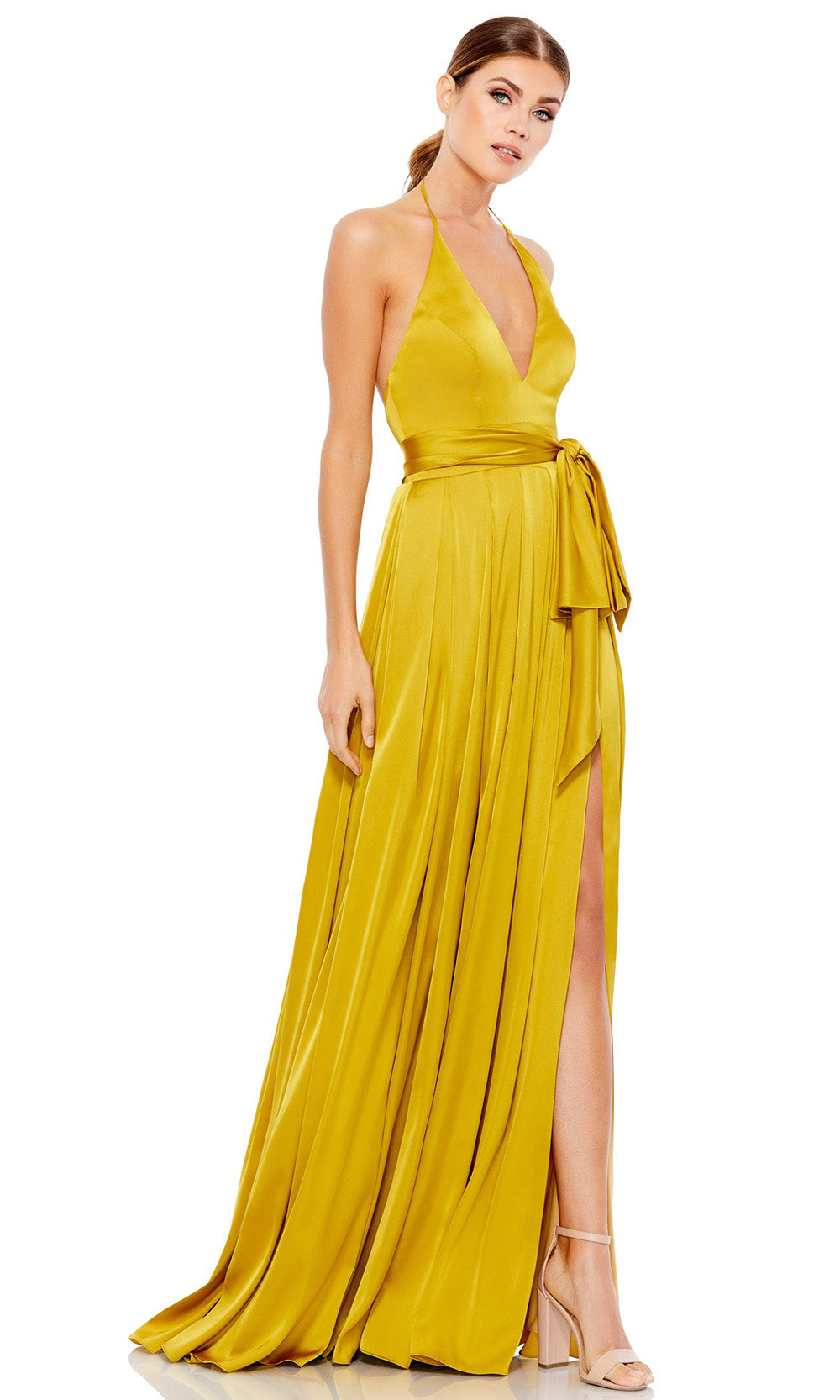 Ieena Duggal - 26531I Plunging Halter V-Neck A-Line Gown In Yellow