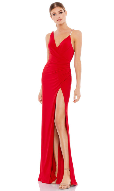 Ieena Duggal - 26532I Plunged V-Neck High Slit Gown With Pearl Accent In Red