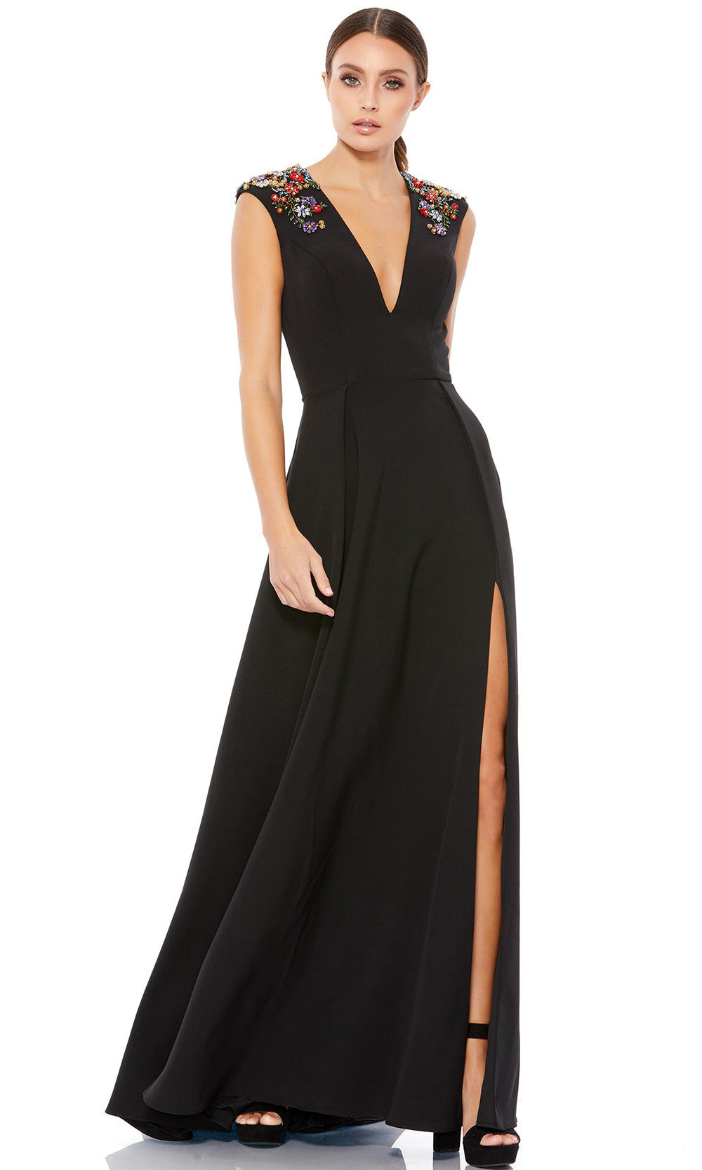 Ieena Duggal - 26540I V-Neck Embellished Shoulders A-Line Gown In Black