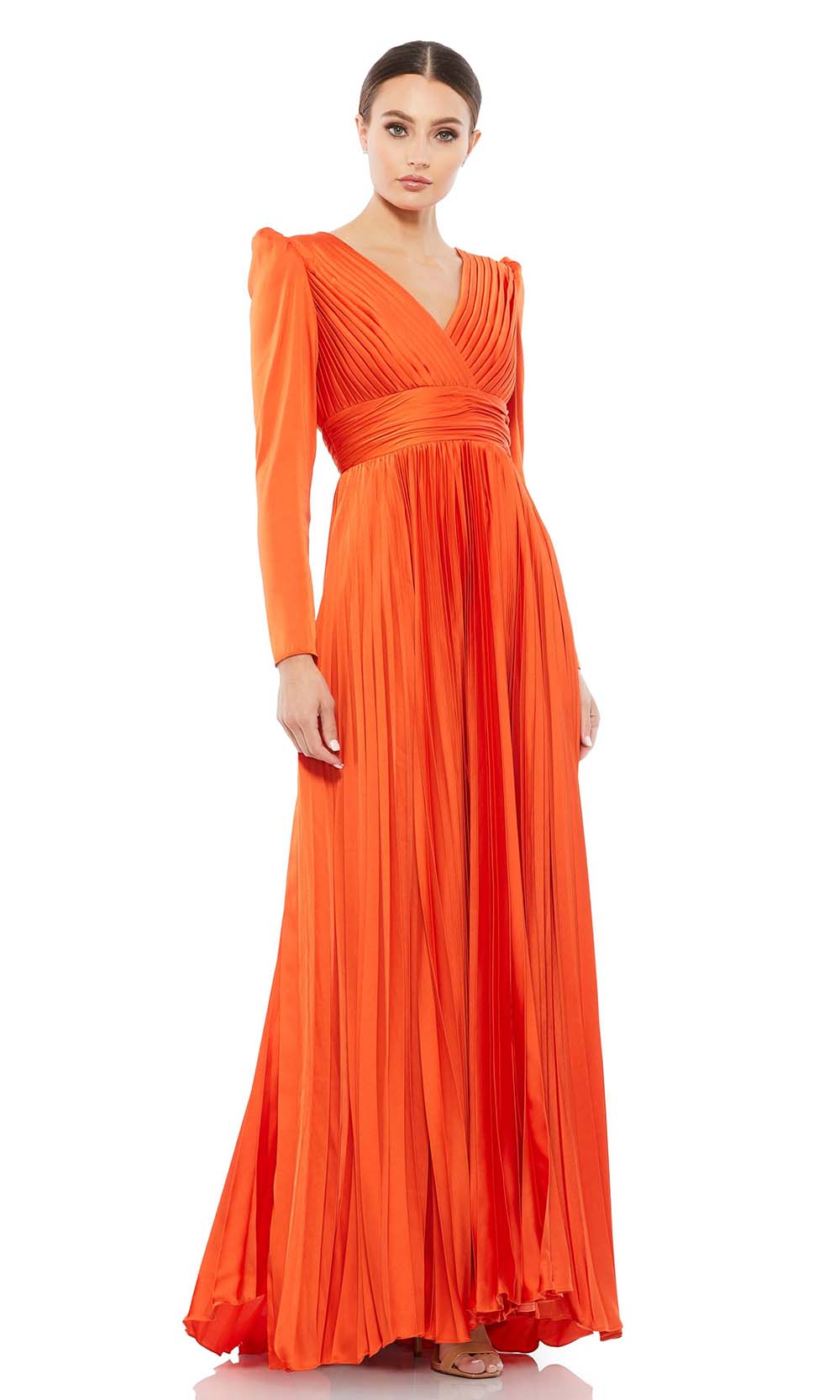 Ieena Duggal - 26542I Long Sleeve Pleated Gown In Coral & Orange