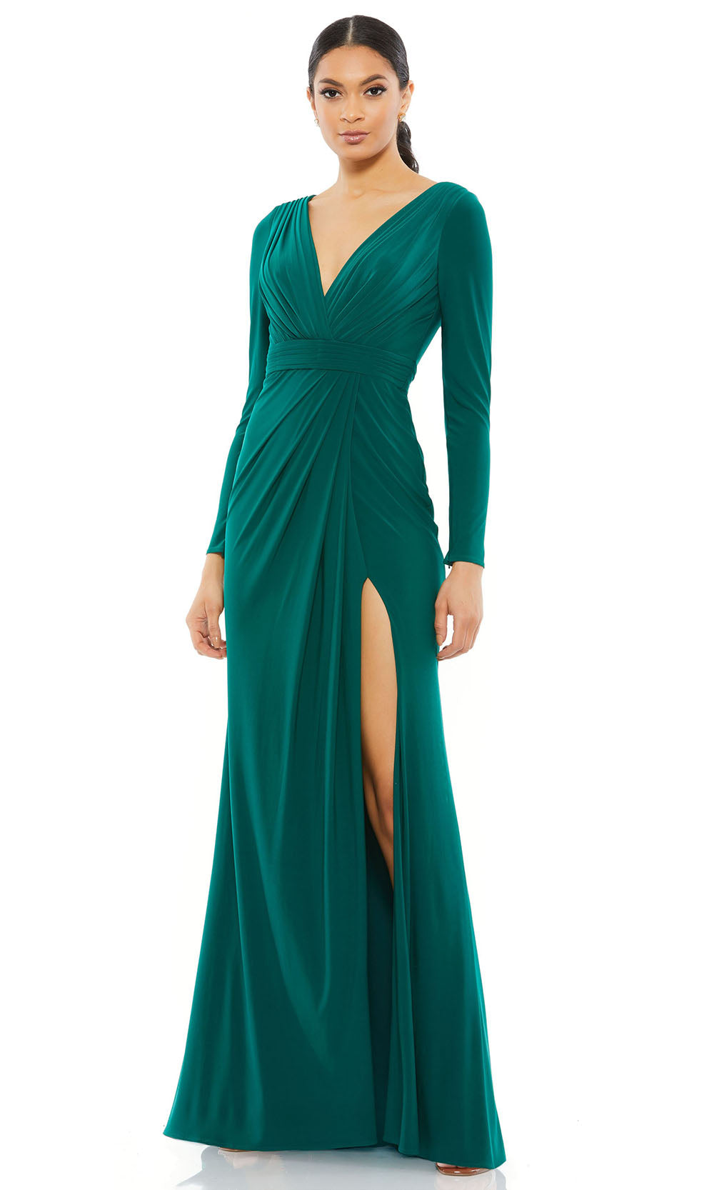 Ieena Duggal - 26554I Long Sleeve High Slit Gown In Green