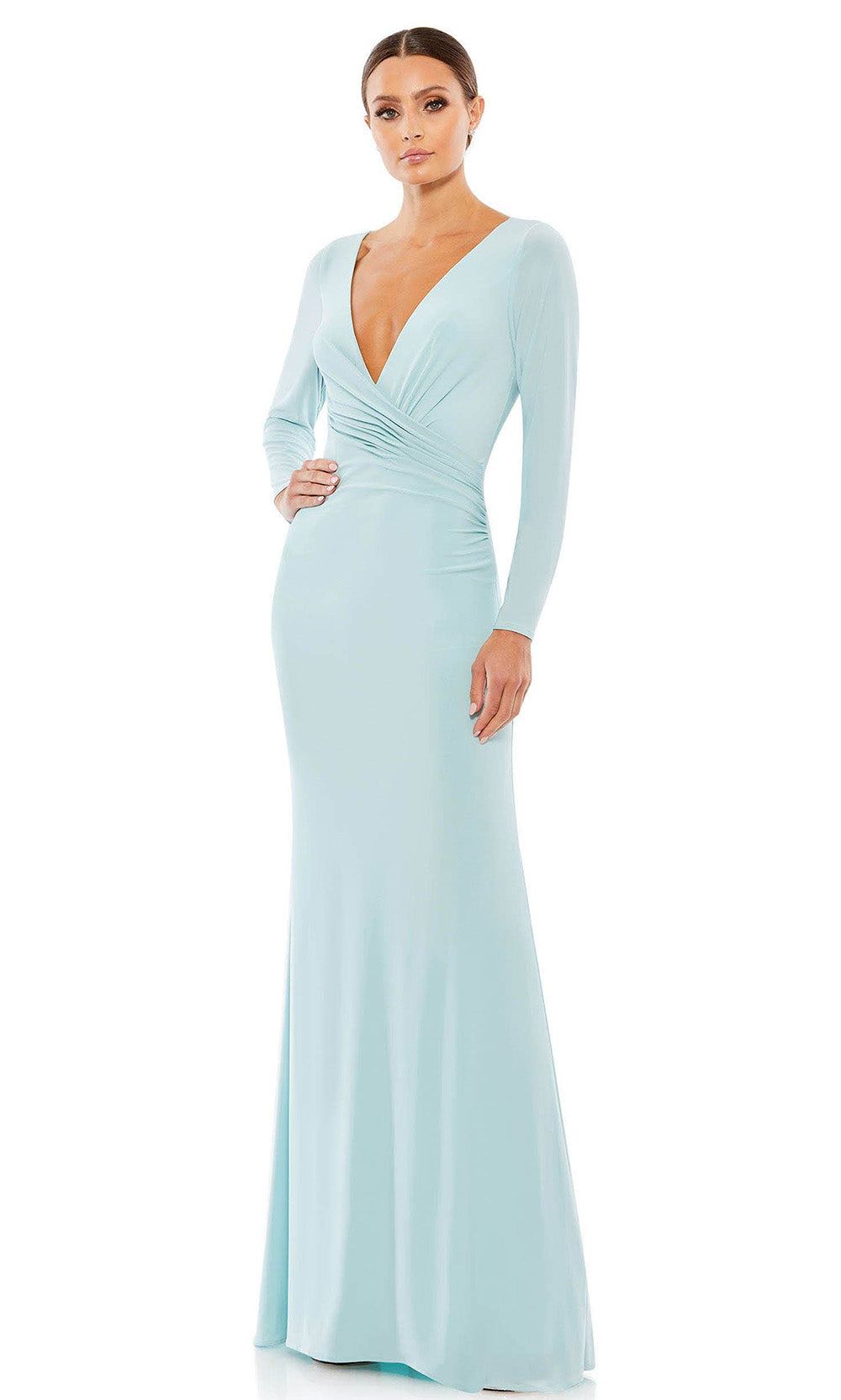 Ieena Duggal - 26573 Long Sleeve Shirred Gown In Blue