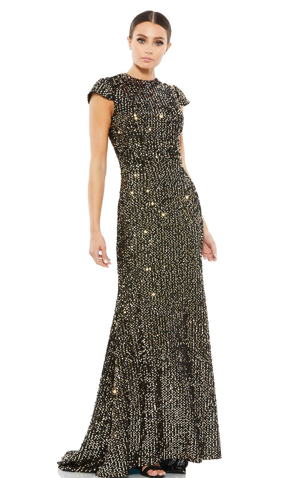 Ieena Duggal - 26647 Sequined Jewel Neck Long Gown In Black and Gold