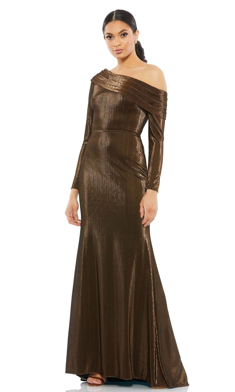 Ieena Duggal - 26660 Pleated Asymmetric Long Dress In Brown