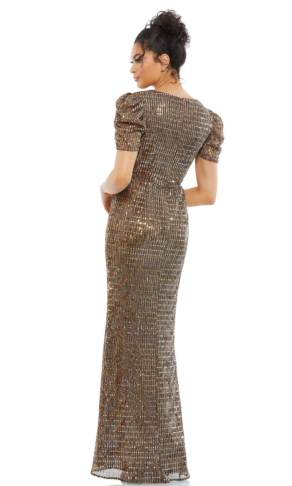 Ieena Duggal - 26661 Puff Sleeve Vintage Vibe Long Dress In Brown