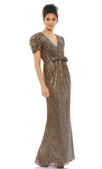 Ieena Duggal - 26661 Puff Sleeve Vintage Vibe Long Dress In Brown