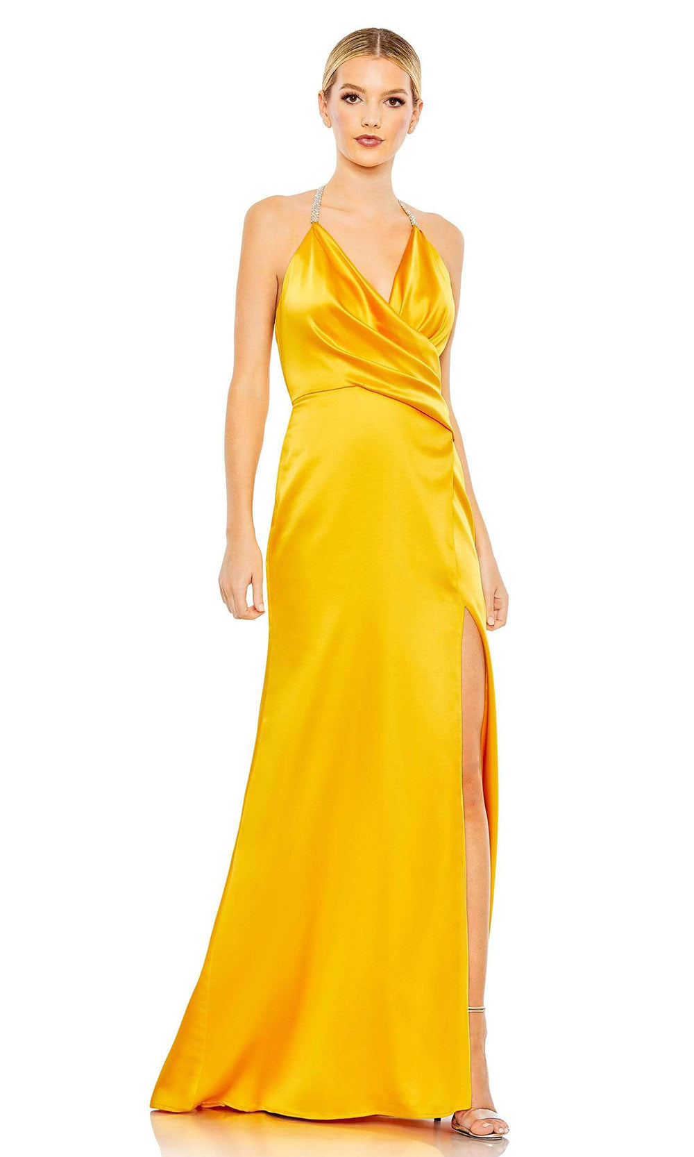 Ieena Duggal - 26894 V Cowl Neck Slit Gown In Yellow