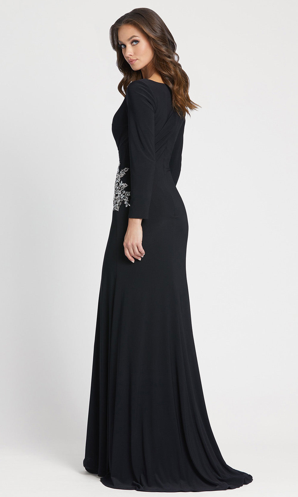 Ieena Duggal - 41016I Long Sleeve Drape High Slit Dress In Black