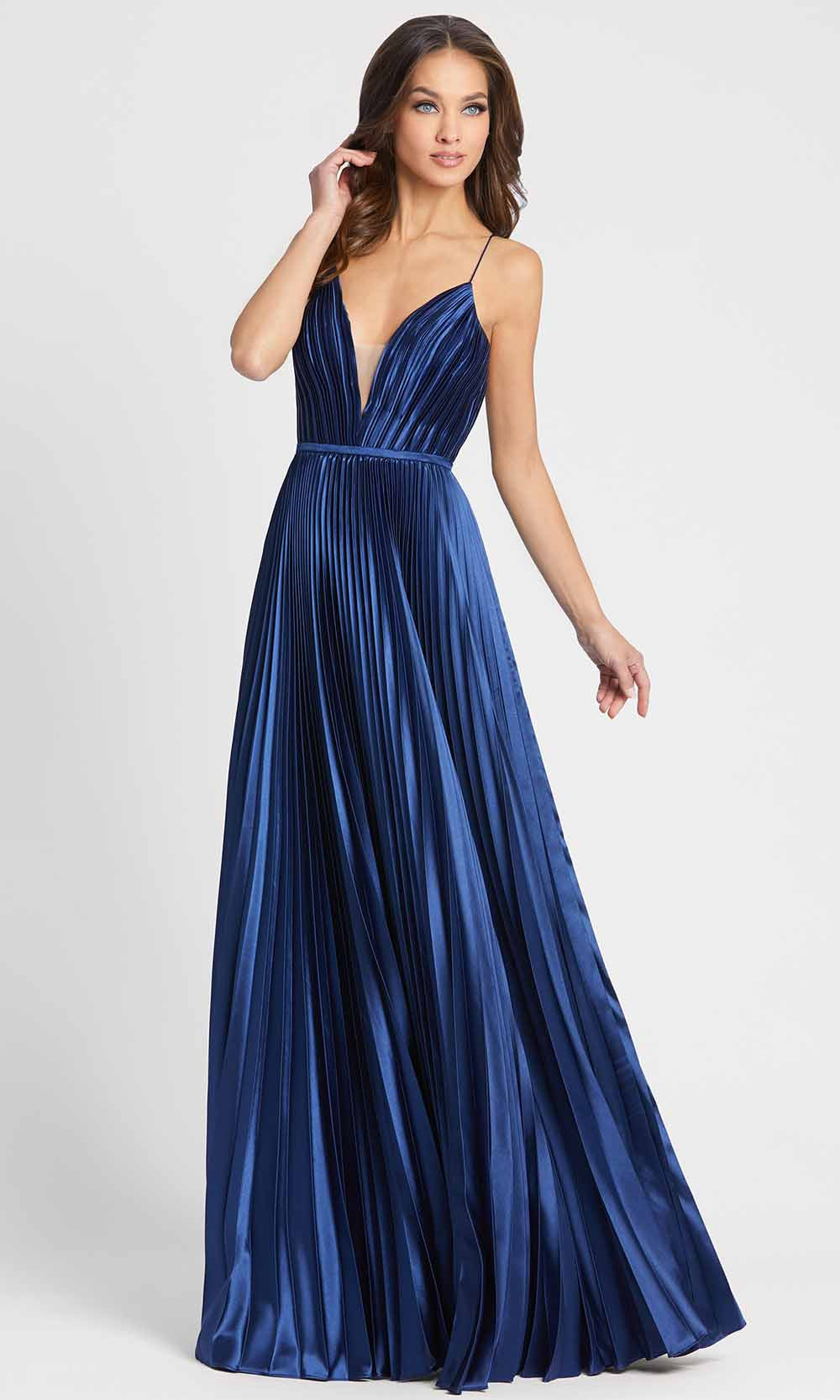 Ieena Duggal - 49039I Spaghetti Strap Deep V-Neck Pleated A-Line Gown in Blue 