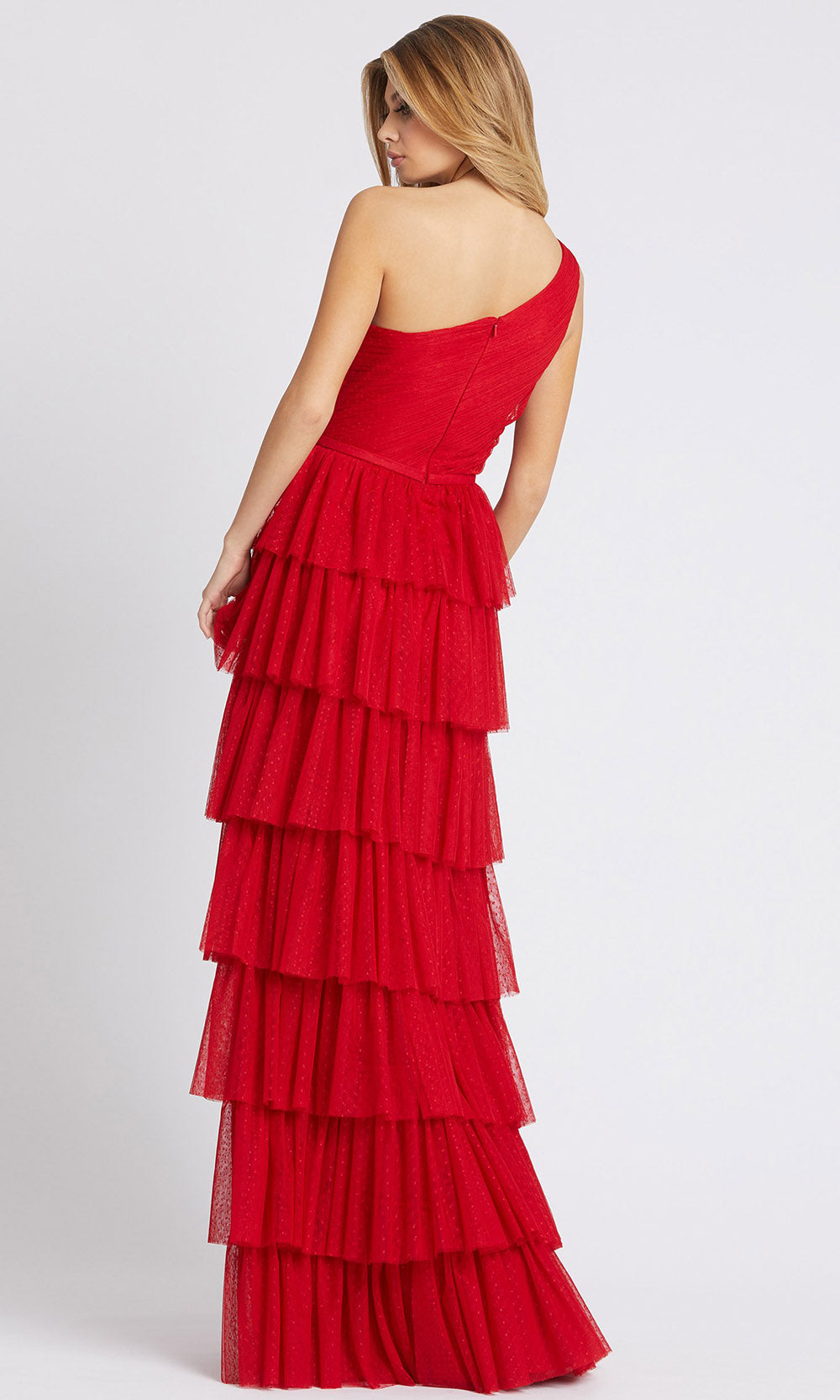 Ieena Duggal - 49102I One Shoulder Tier-Ornate Dress In Red