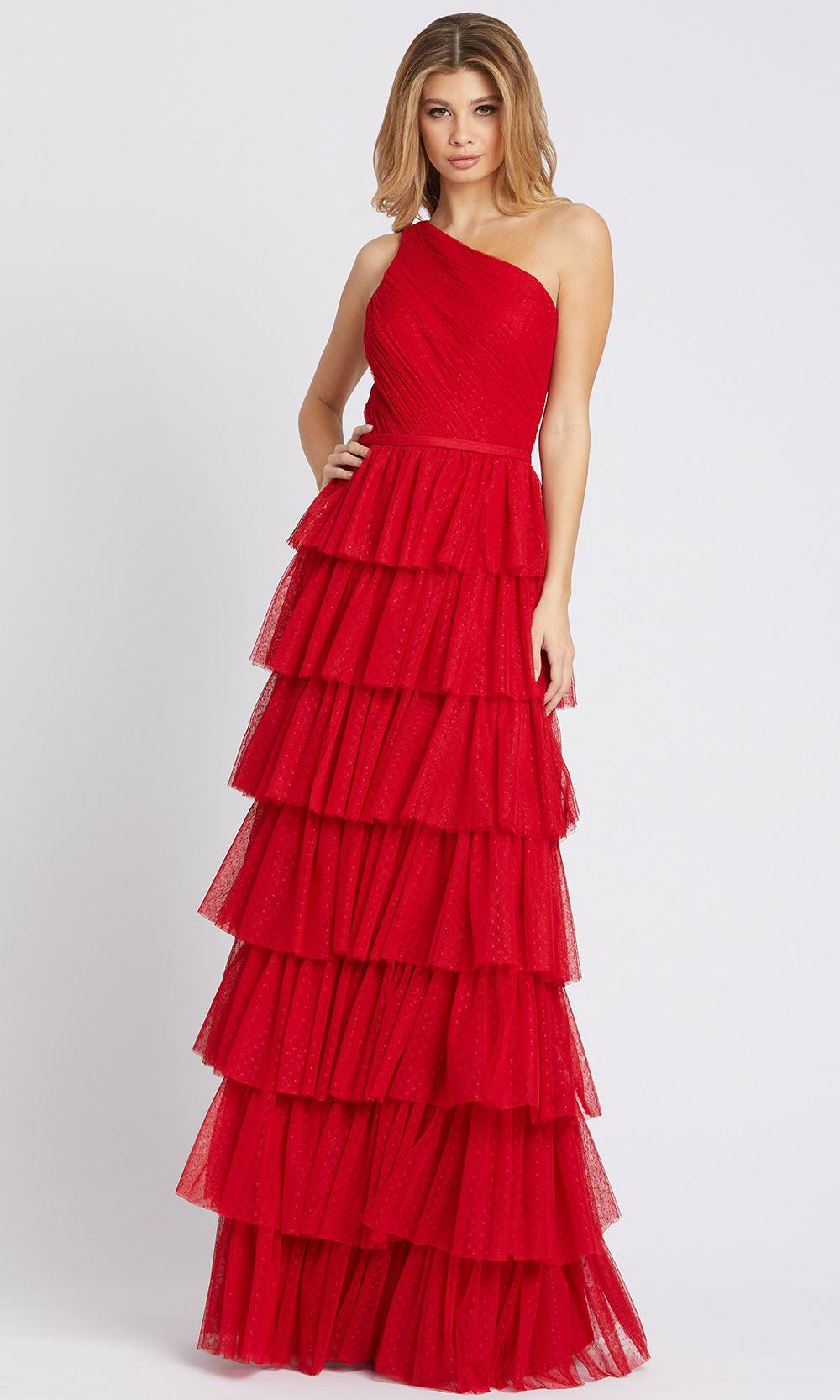 Ieena Duggal - 49102I One Shoulder Tier-Ornate Dress In Red