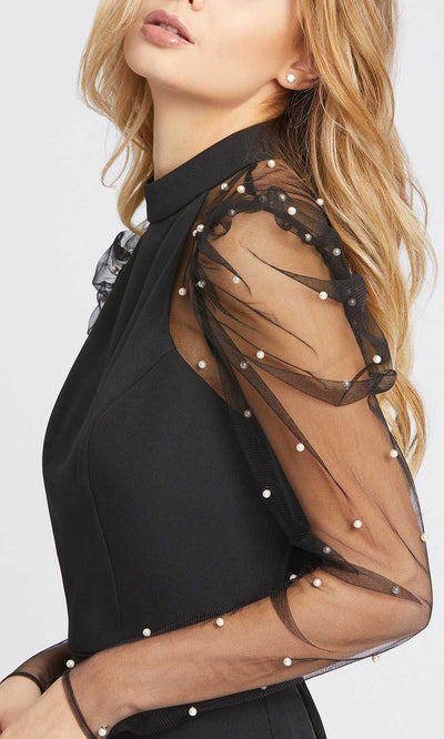Ieena Duggal - 49112I Pearl Ornate Illusion Sleeve Dress In Black