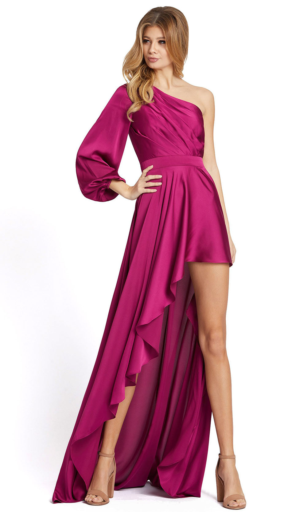 Ieena Duggal - 49141I Bishop Sleeve Asymmetric A-Line Dress In Purple