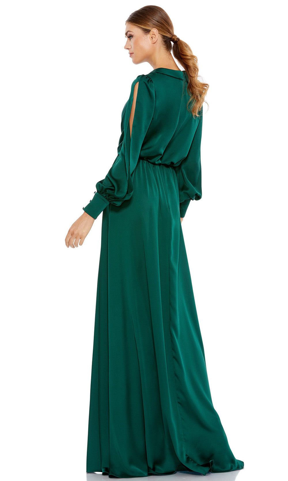 Ieena Duggal - 49146I Bishop Sleeve High Slit Dress In Green