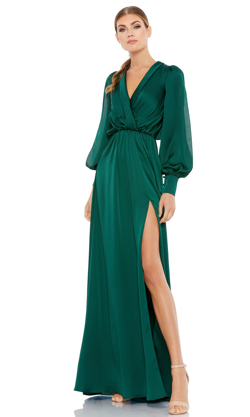 Ieena Duggal - 49146I Bishop Sleeve High Slit Dress In Green