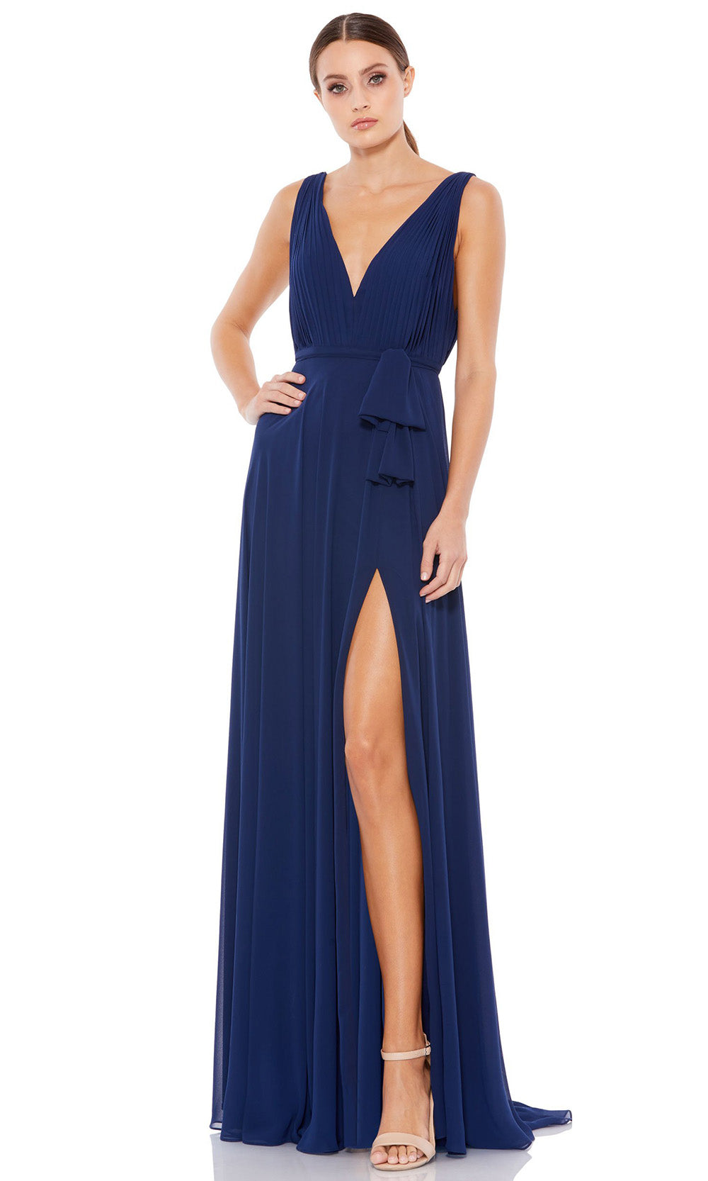 Ieena Duggal - 55283I Shirr-Ornate High Slit Dress In Blue