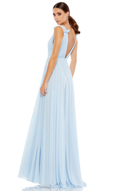 Ieena Duggal - 55321I Ruched Sexy Back Flowy Slit Dress In Blue
