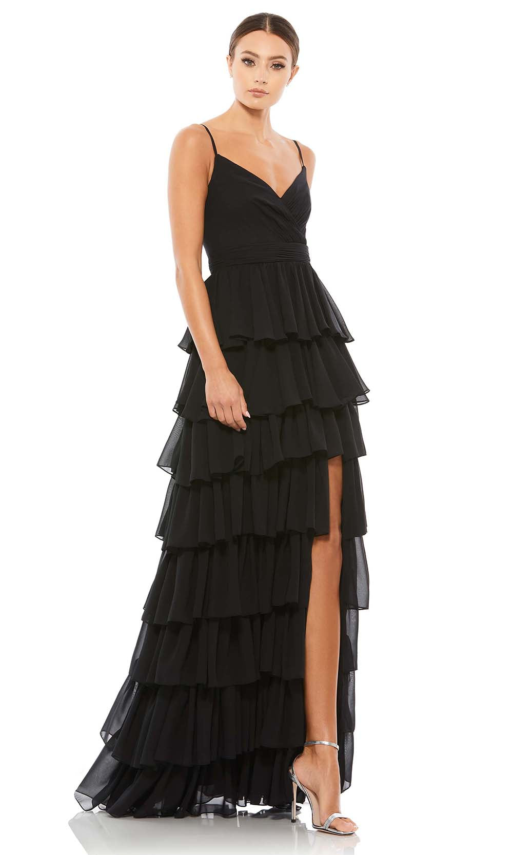 Ieena Duggal - 55416I High Slit Tiered Chiffon Dress In Black