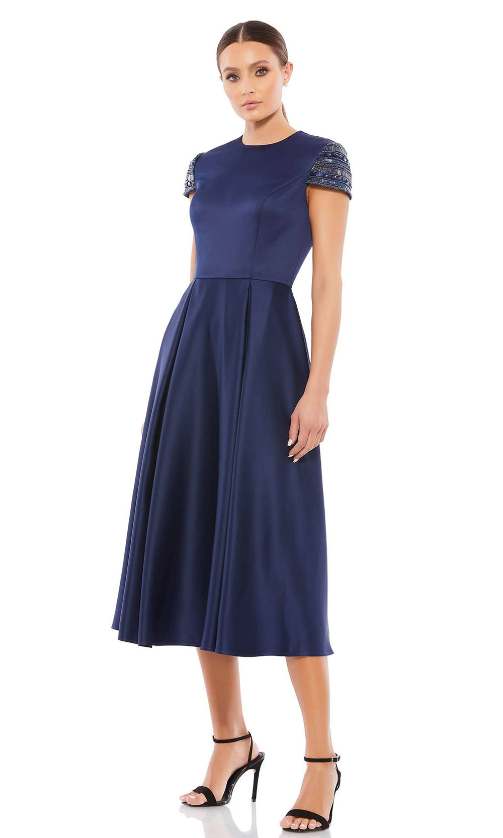 Ieena Duggal - 55699 Beaded Short Sleeve A-Line Dress In Blue