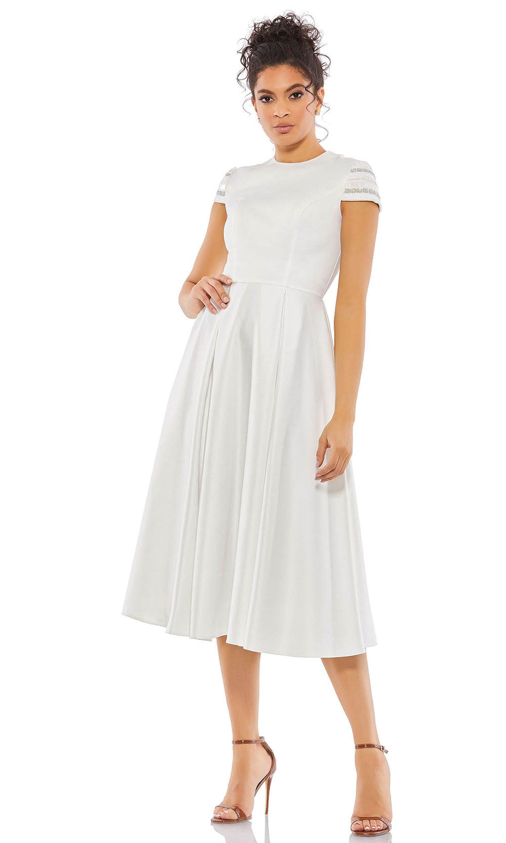 Ieena Duggal - 55699 Beaded Short Sleeve A-Line Dress In White