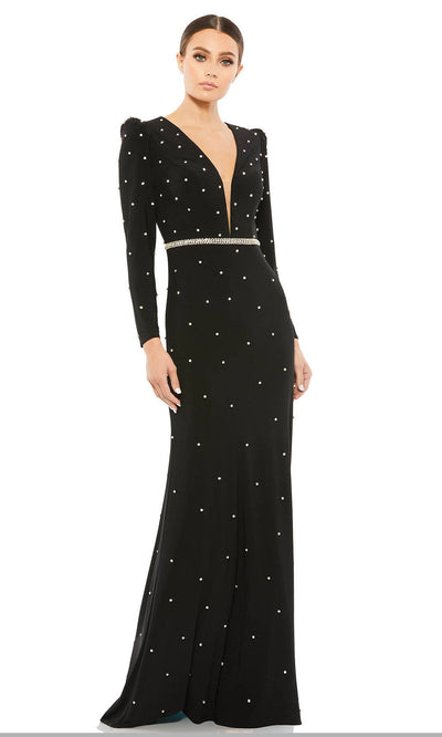 Ieena Duggal - 67874I Bejeweled Plunging V-Neck Dress In Black