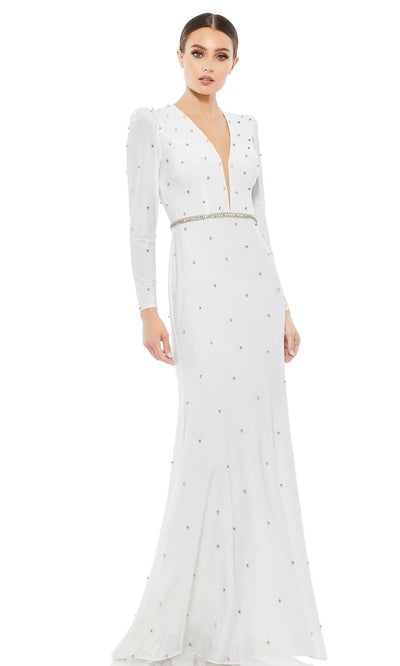 Ieena Duggal - 67874I Bejeweled Plunging V-Neck Dress In White & Ivory