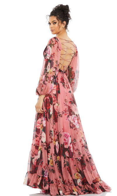 Ieena Duggal - 67946 Printed Floral Flowy Ruched Gown In Pink and Red