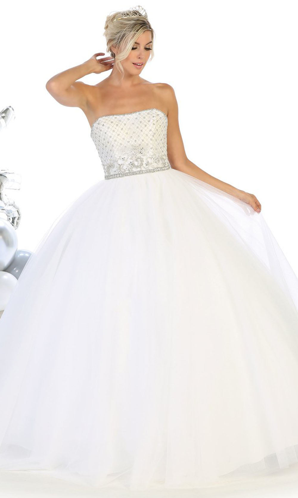 May Queen - LK114 Strapless Adorned Ballgown In White