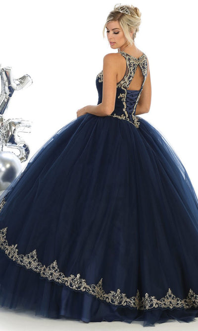 May Queen - LK117 Beaded Scoop Neck Pleated Ball Gown In Blue